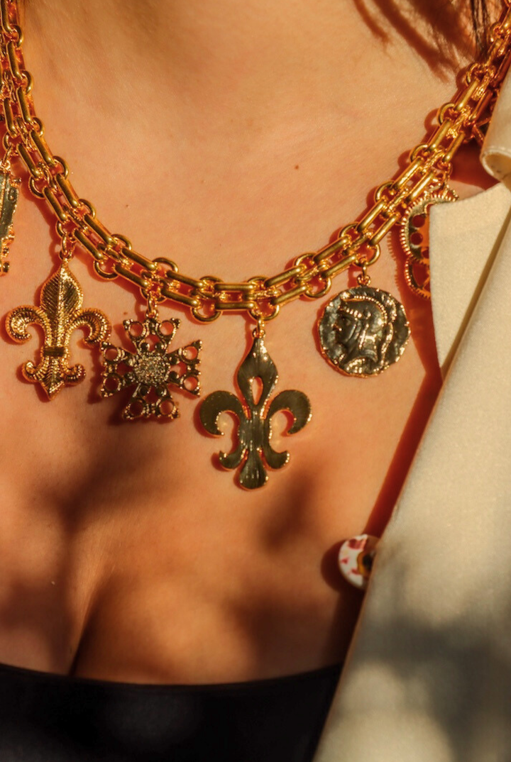 Collier tendance doré or à breloques vintage fantaisie femme