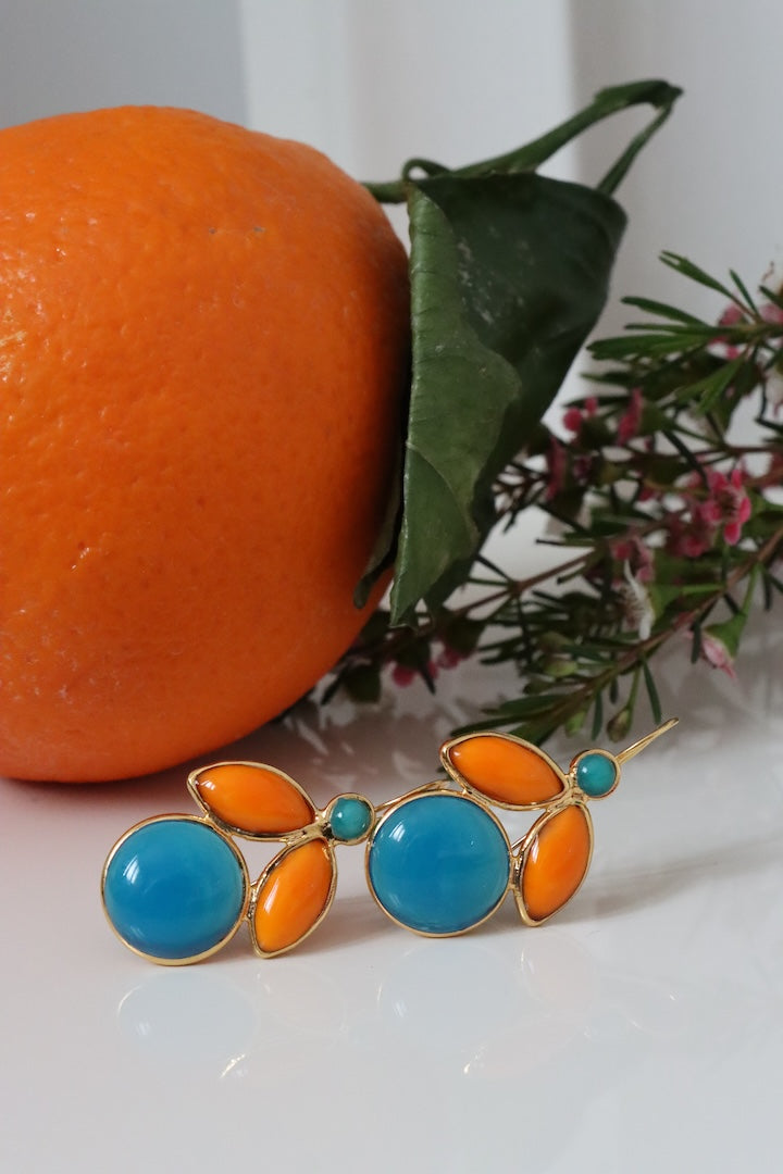 Boucles d'oreilles femme fantaisie bleu et orange détail doré fermoir dormeuse abeille