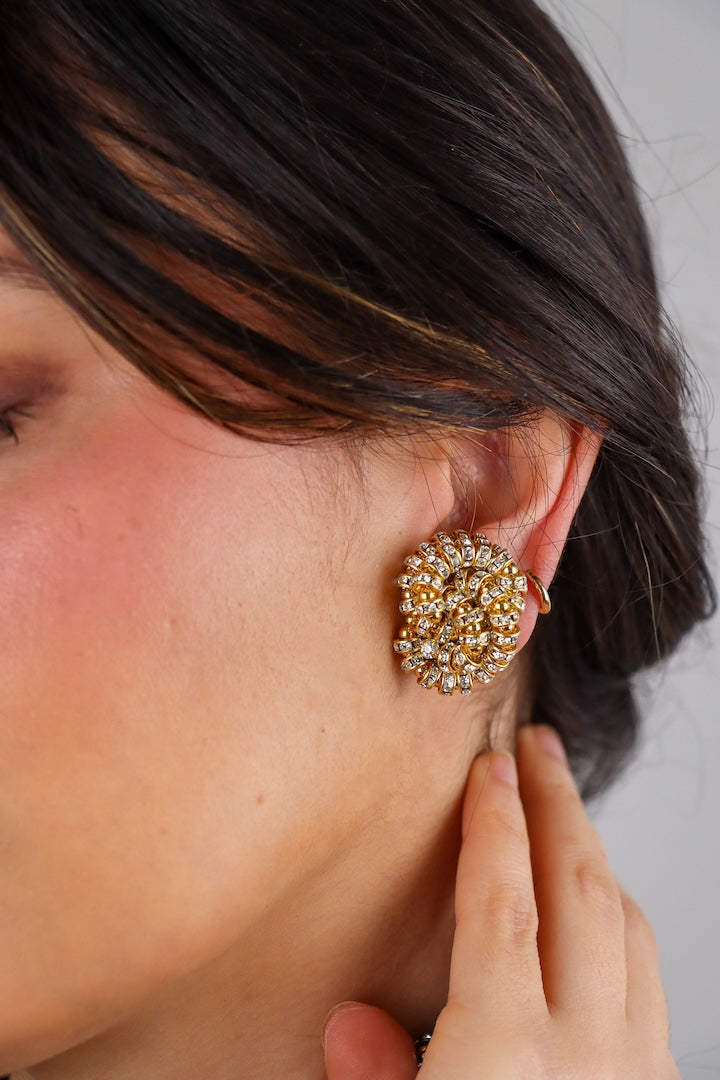 Boucles d'oreilles clip en perles dorée et rondelles de strass Swarovski dorées fait main