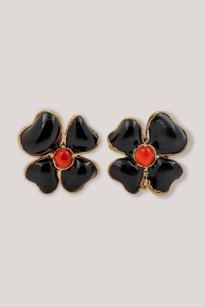 Boucles d'oreilles trèfle à quatre feuilles fermoir clip pâte de verre noir et centre corail
