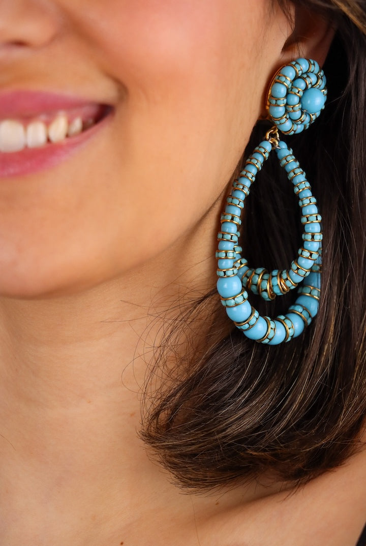 XXL boucles d'oreilles bleu turquoise perle et rondelle de strass fermoir clip détail doré