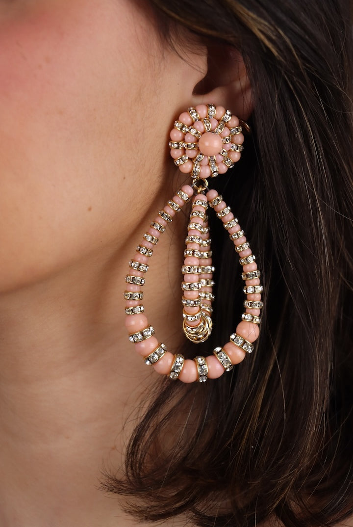 XXL boucles d'oreilles femme perles roses et rondelles de strass doré fermoir clip pendantes