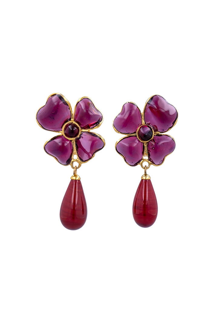 Boucles d'oreilles Amalfi trèfle et goutte améthyste en pâte de verre, bijou couture à l'esprit Maison parisienne