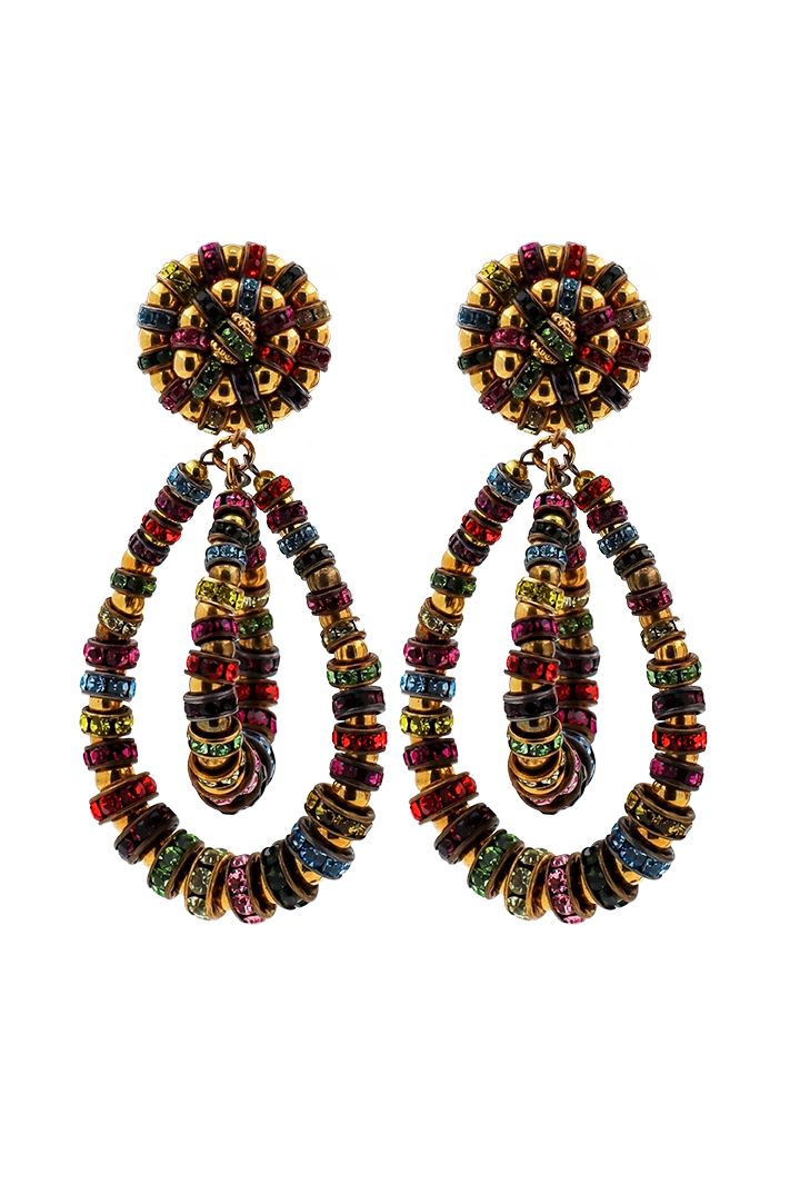 Boucles d'oreilles en perles dorée et rondelles de strass multicolore - fait à la main en France