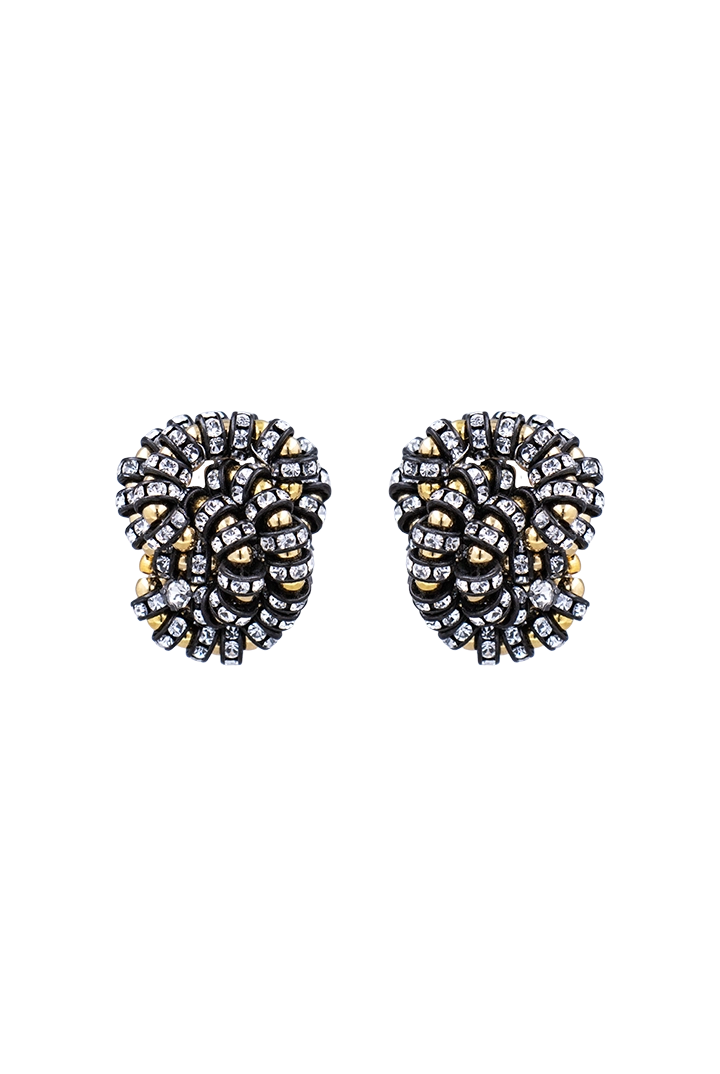 Boucles d'oreilles cabochon en rondelle de strass trimétal dorée , cristal argenté et noir