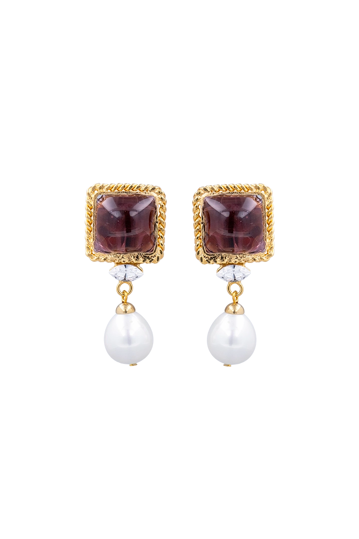 Boucles d'oreilles Mansart pendantes perles et pâte de verre prune fermoir clip