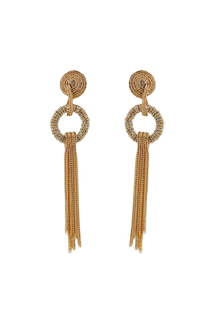 Boucles d'oreilles clip pendantes en chaînes dorée et strass dorée et cristal pendantes