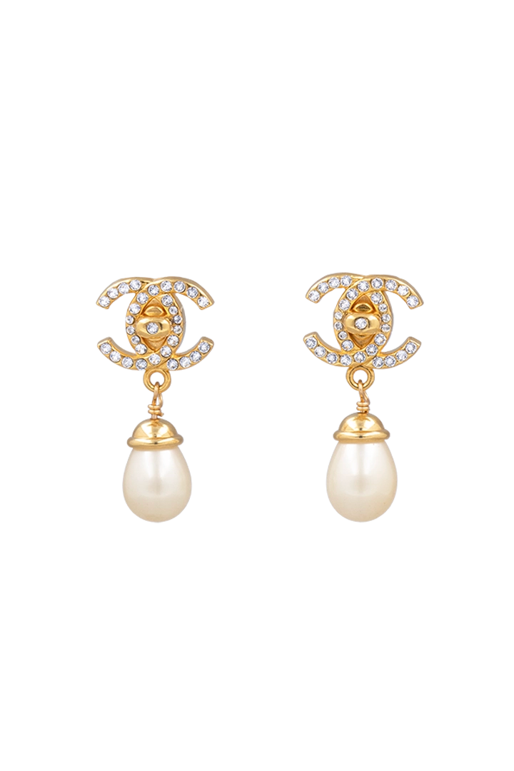 Boucles d'oreilles Chanel ornée de strass et perles pendantes fermoir clip