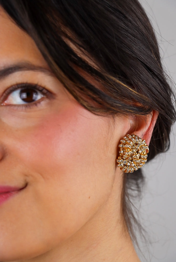 Boucles d'oreilles dorées fermoir clip en perles et rondelles de strass Swarovski