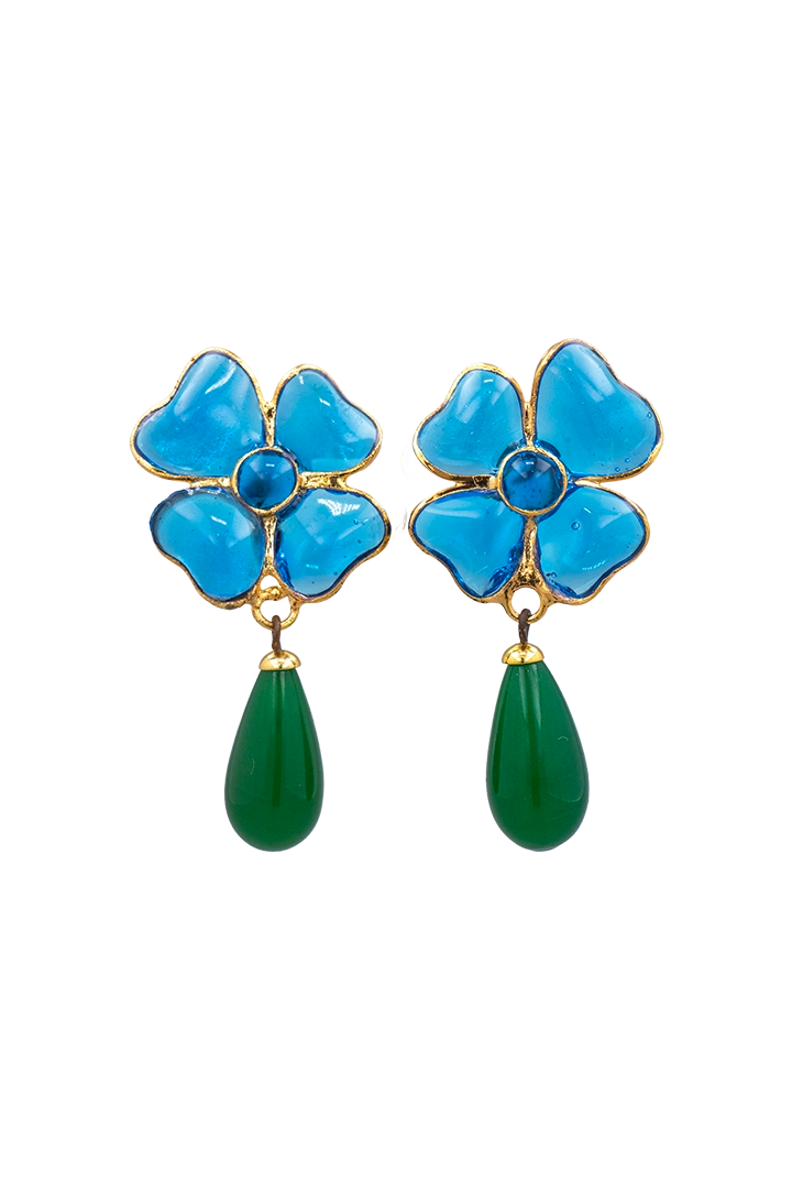 Boucles d'oreilles Amalfi trèfle turquoise et perle émeraude verre, création Haute Fantaisie Françoise Montague