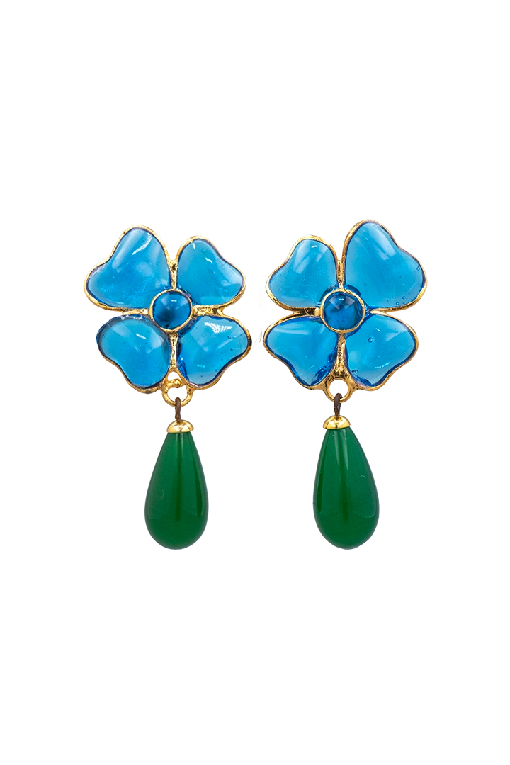 Boucles d'oreilles Amalfi trèfle turquoise et perle émeraude verre, création Haute Fantaisie Françoise Montague