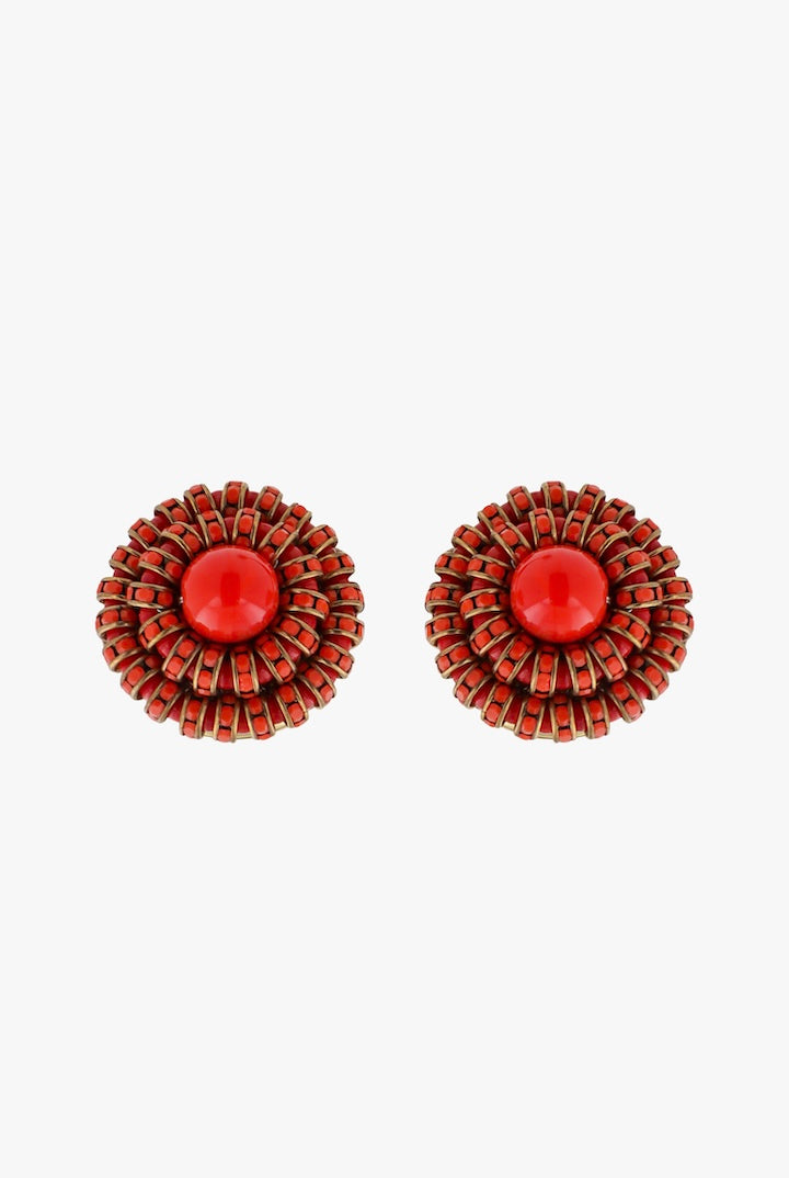 Boucles d'oreilles ronde en perles et en strass fermoir clip rouge corail