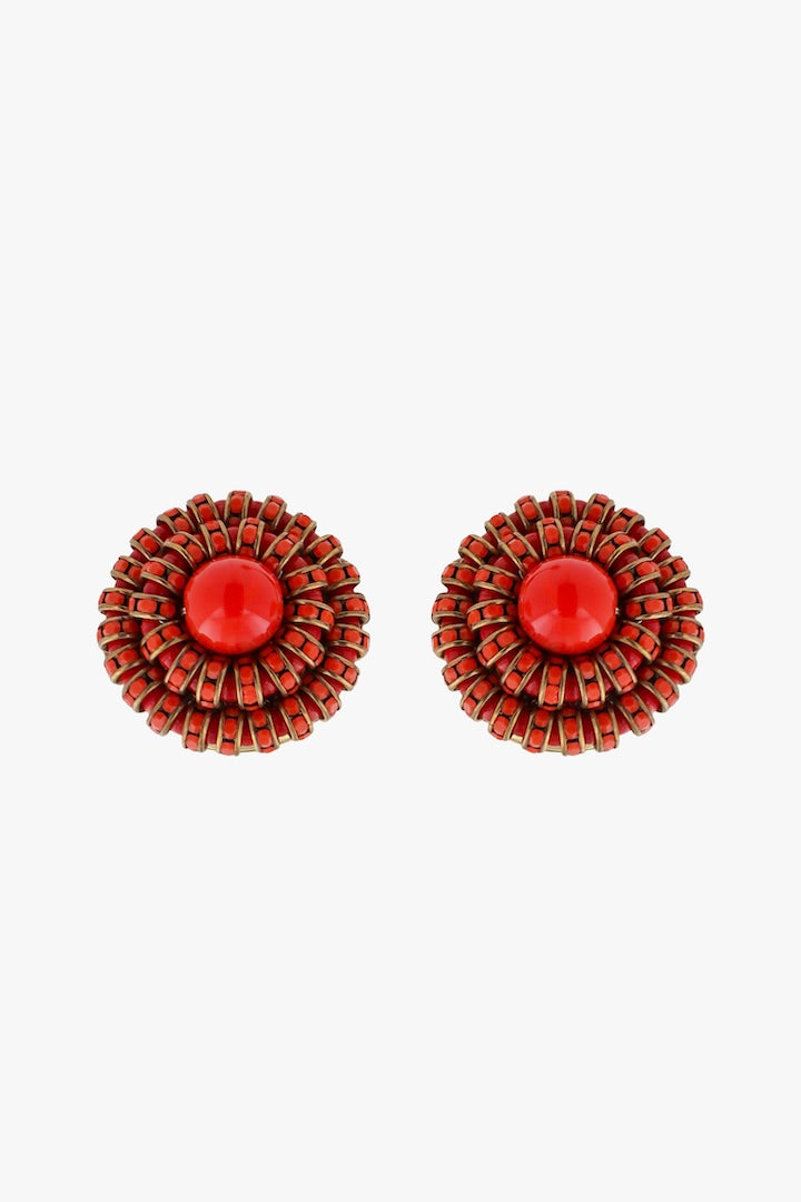 Boucles d'oreilles ronde en perles et en strass fermoir clip rouge corail