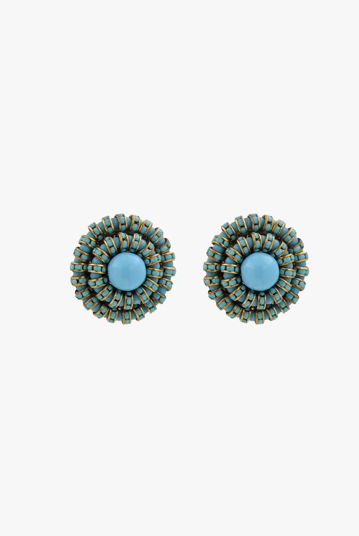 Boucles d'oreilles ronde en perles et en strass fermoir clip bleu turquoise