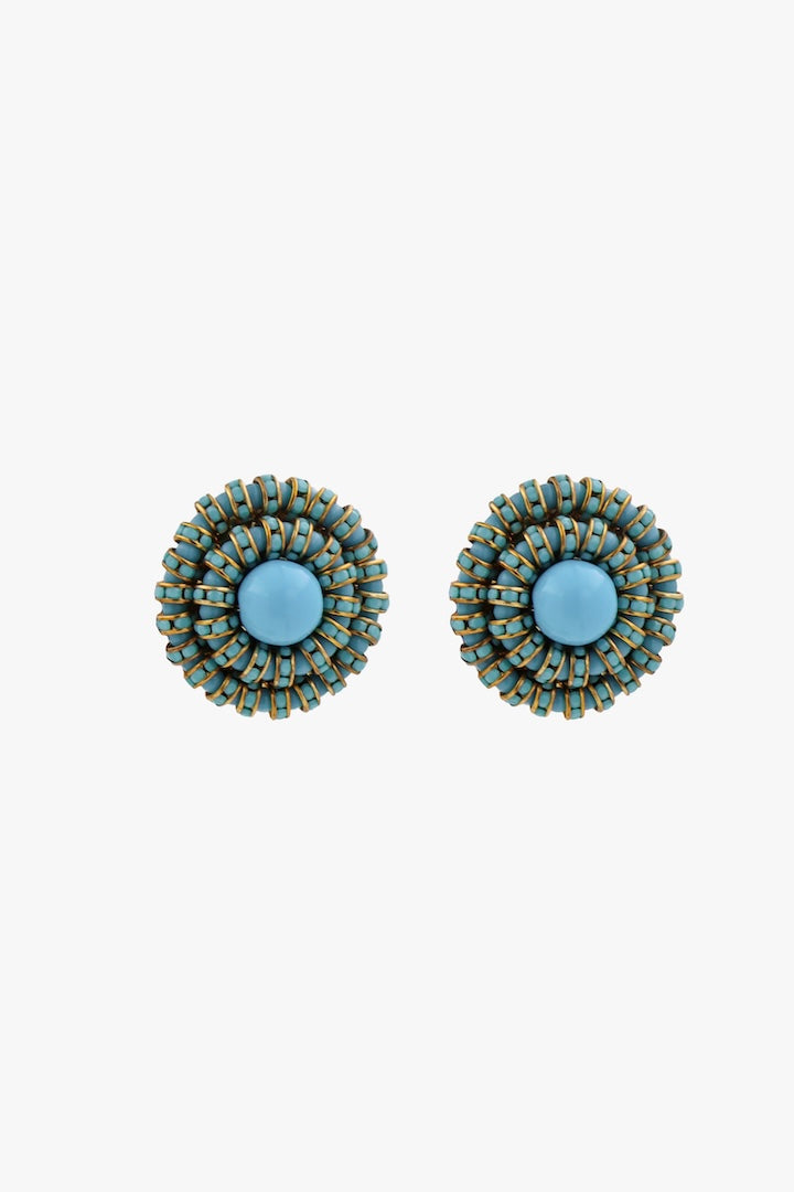 Boucles d'oreilles ronde en perles et en strass fermoir clip bleu turquoise