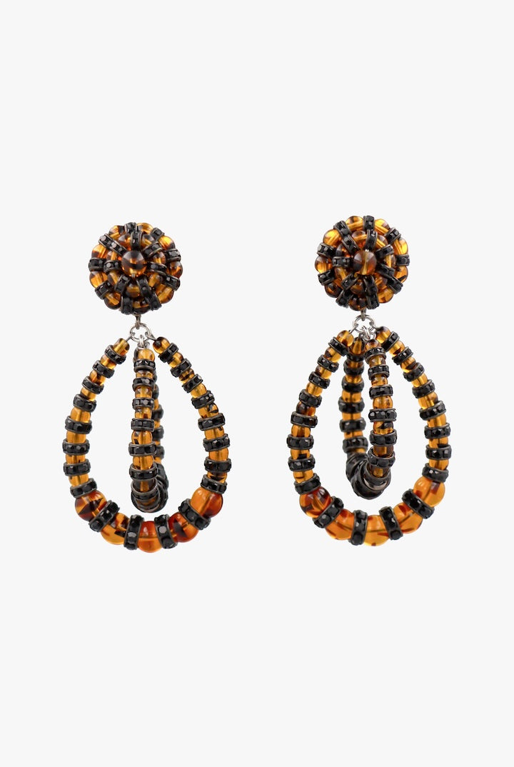 Boucles d'oreilles marron en perles marron transparente et rondelle de strass noire - bijou fait main