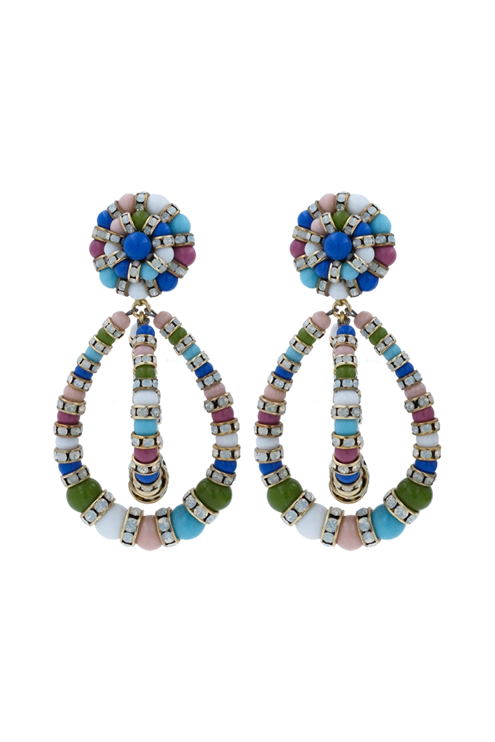 Boucles d'Oreilles en perles multicolore bleu, vert, rose et turquoise taille moyenne et équilibrée et pendantes avec un fermoir clip