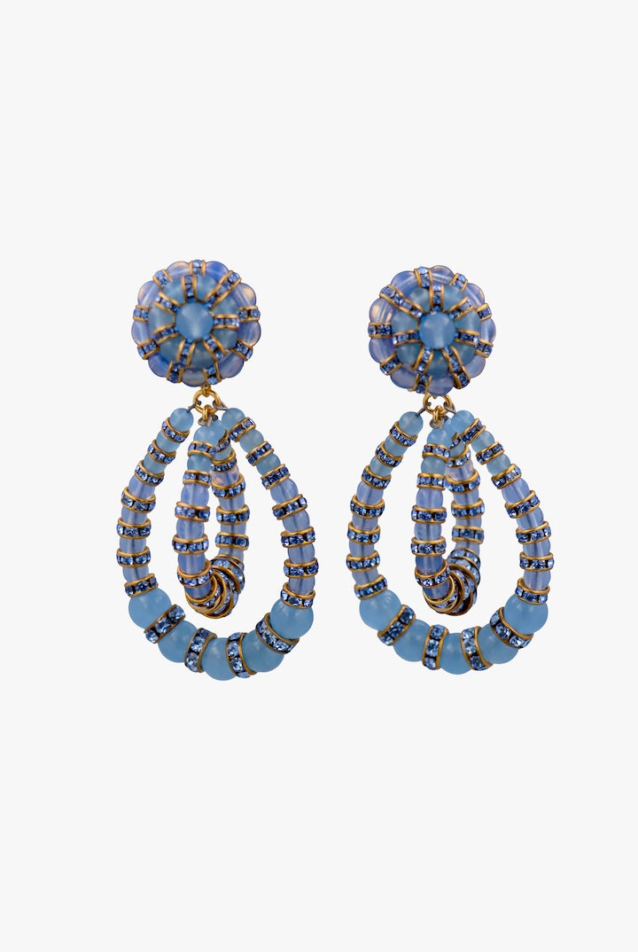 boucles d'oreille en perles bleu calcédoine transparent et en rondelle de strass bleu - bijou fait main en France