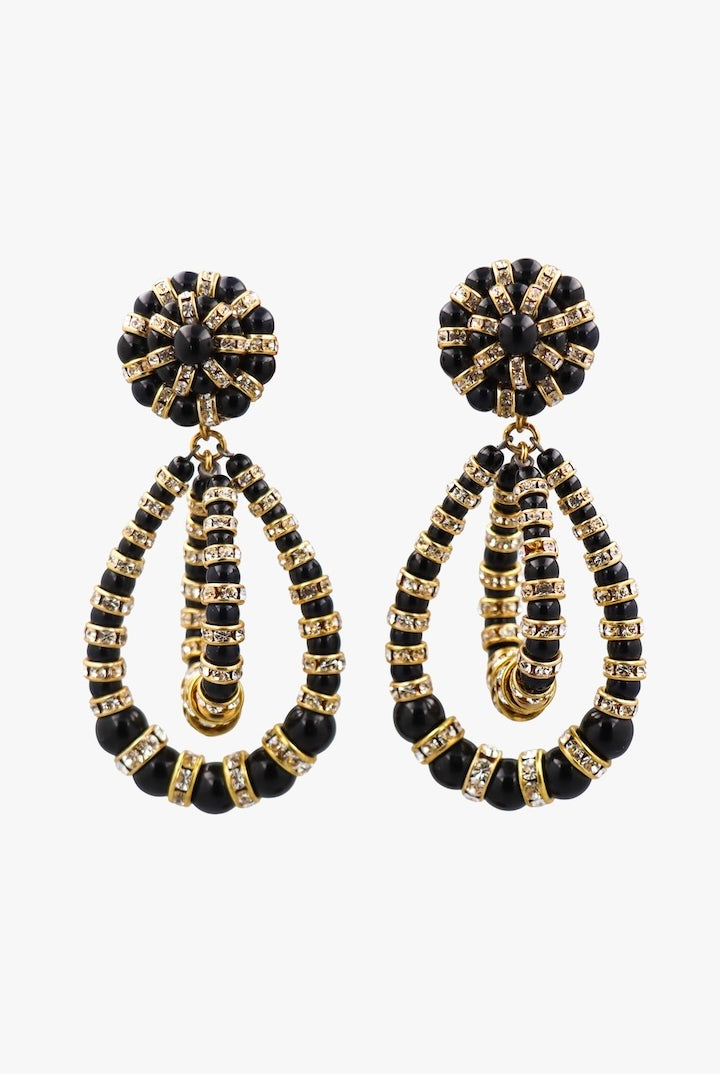 Grande paire de boucles d'oreilles perles noir et rondelle de strass dorée - bijou fantaisie de luxe