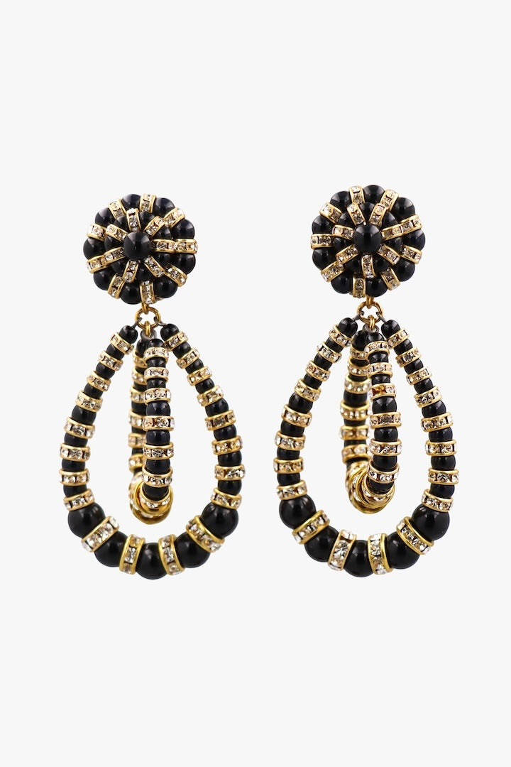 Grande paire de boucles d'oreilles perles noir et rondelle de strass dorée - bijou fantaisie de luxe