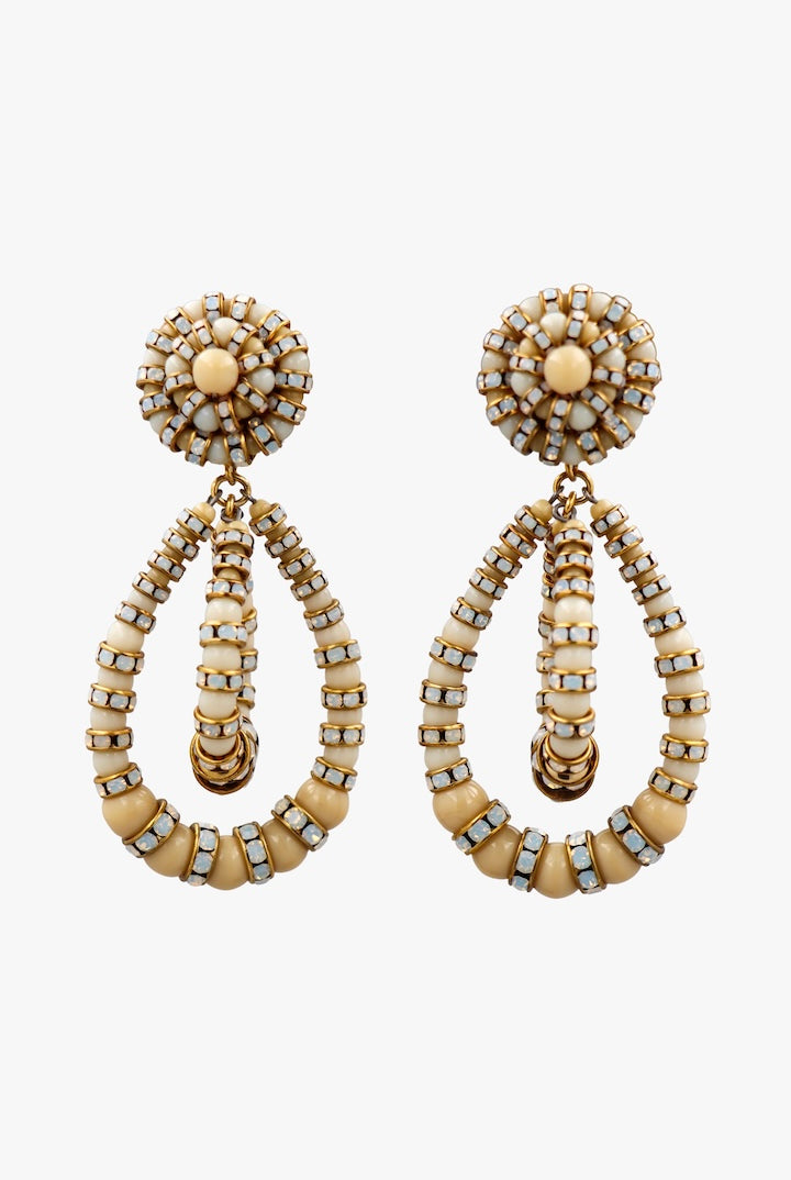 Boucles d'oreilles En perles et en rondelle de strass couleur opaline beige crème - bijou fait main