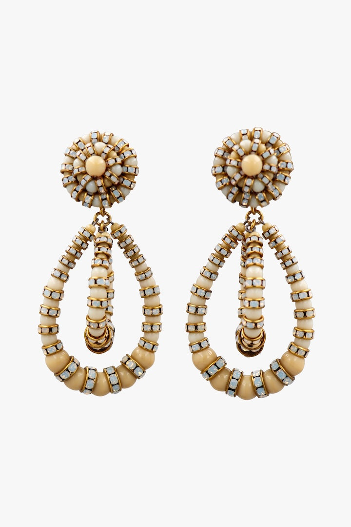 Boucles d'oreilles En perles et en rondelle de strass couleur opaline beige crème - bijou fait main