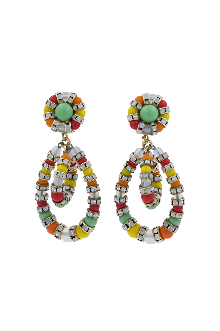 Petite paire de Boucles d'Oreilles en perles multicolore vert, jaune, rouge, orange et blanc et pendantes avec un fermoir clip
