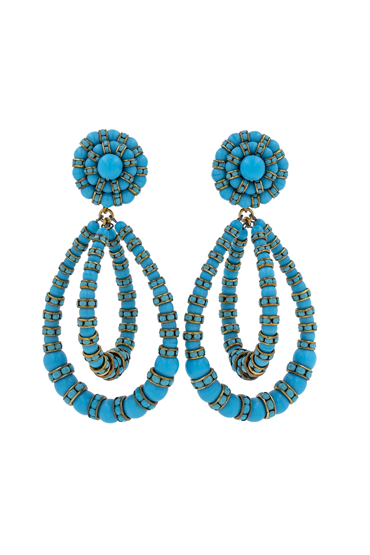 Boucles d'Oreilles pendantes clip Lolita L en perles bleu turquoise et strass turquoise