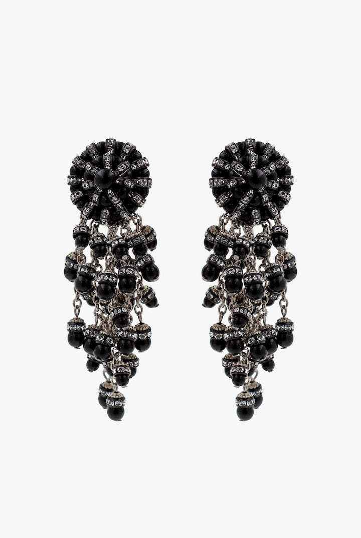 Boucles d'oreilles noires et argentéespendantes fermoir clip en perles et strass - Handmade