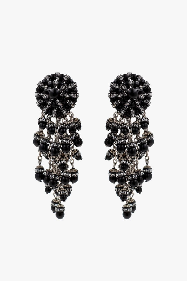 Boucles d'oreilles noires et argentéespendantes fermoir clip en perles et strass - Handmade