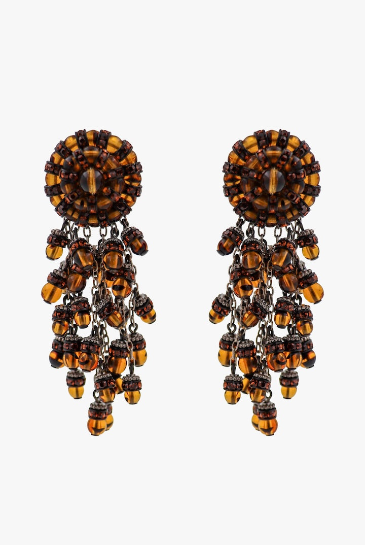 Boucles d'oreilles marron noisette pendantes fermoir clip en perles et strass- handmade