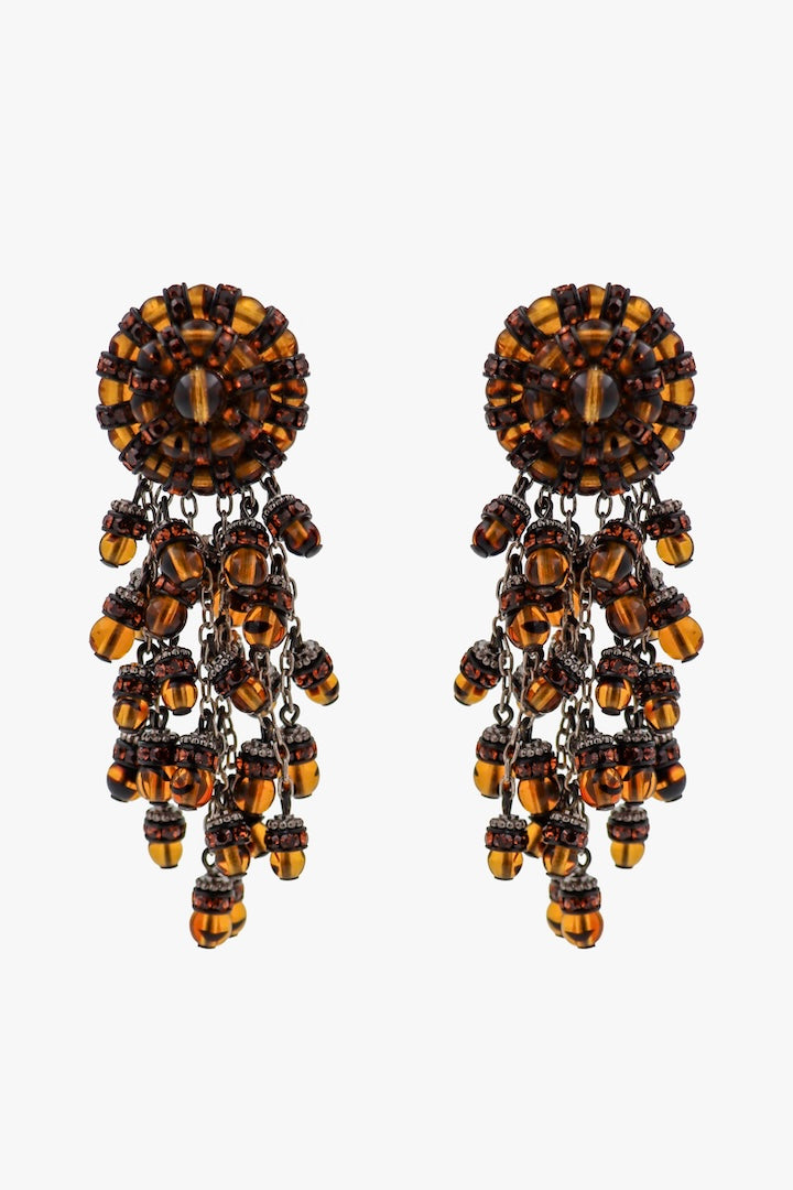 Boucles d'oreilles marron noisette pendantes fermoir clip en perles et strass- handmade