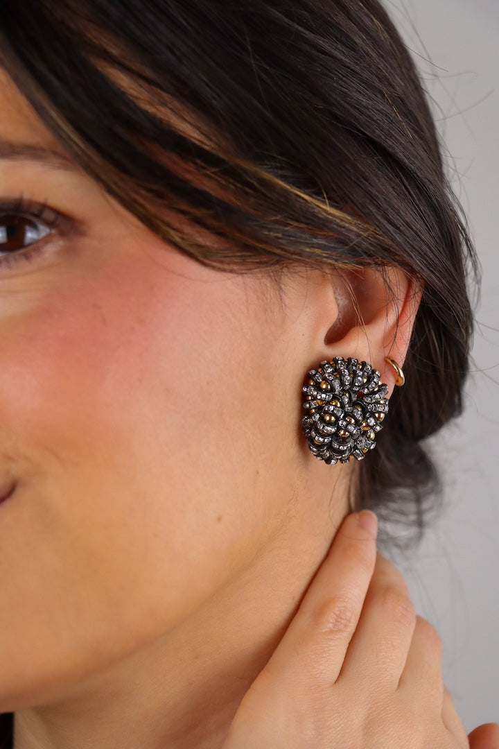 Boucles d'oreilles fermoir clip en perles et rondelles de strass Swarovski Argentée noire et dorée