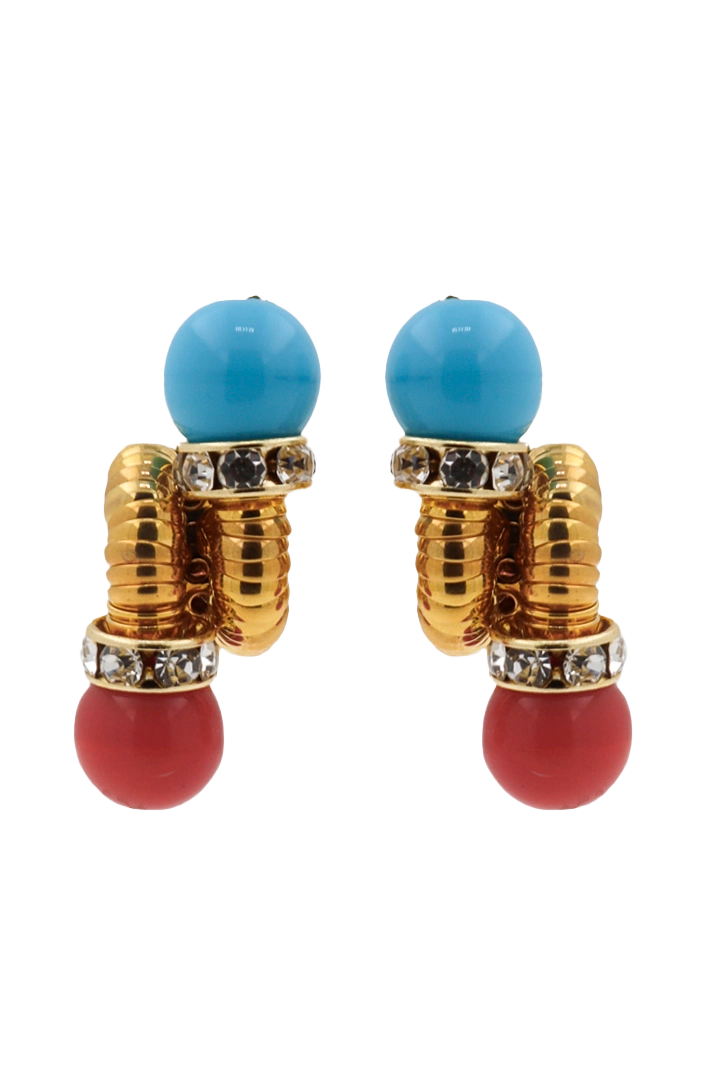 Boucles d'oreilles Charenton dorées à l'or fin, cabochons Turquoise et corail à l'éclat raffiné