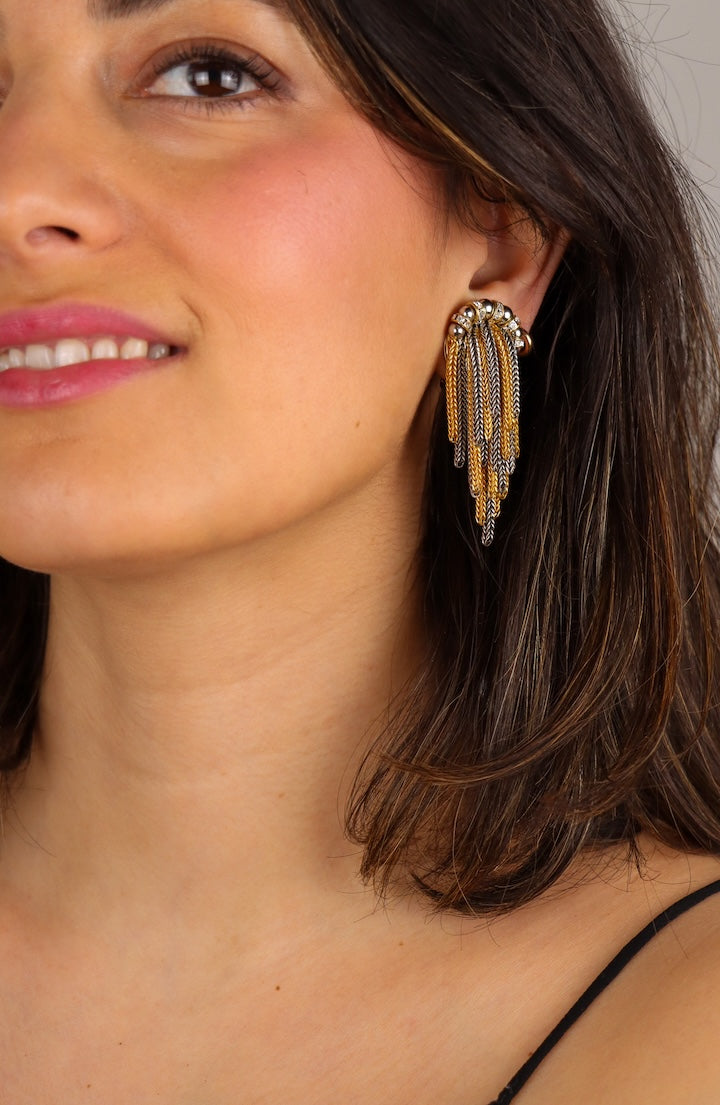 Paire de Boucles d'oreilles fermoir clip en chaînes et perles bicolore argentées et dorées et strass