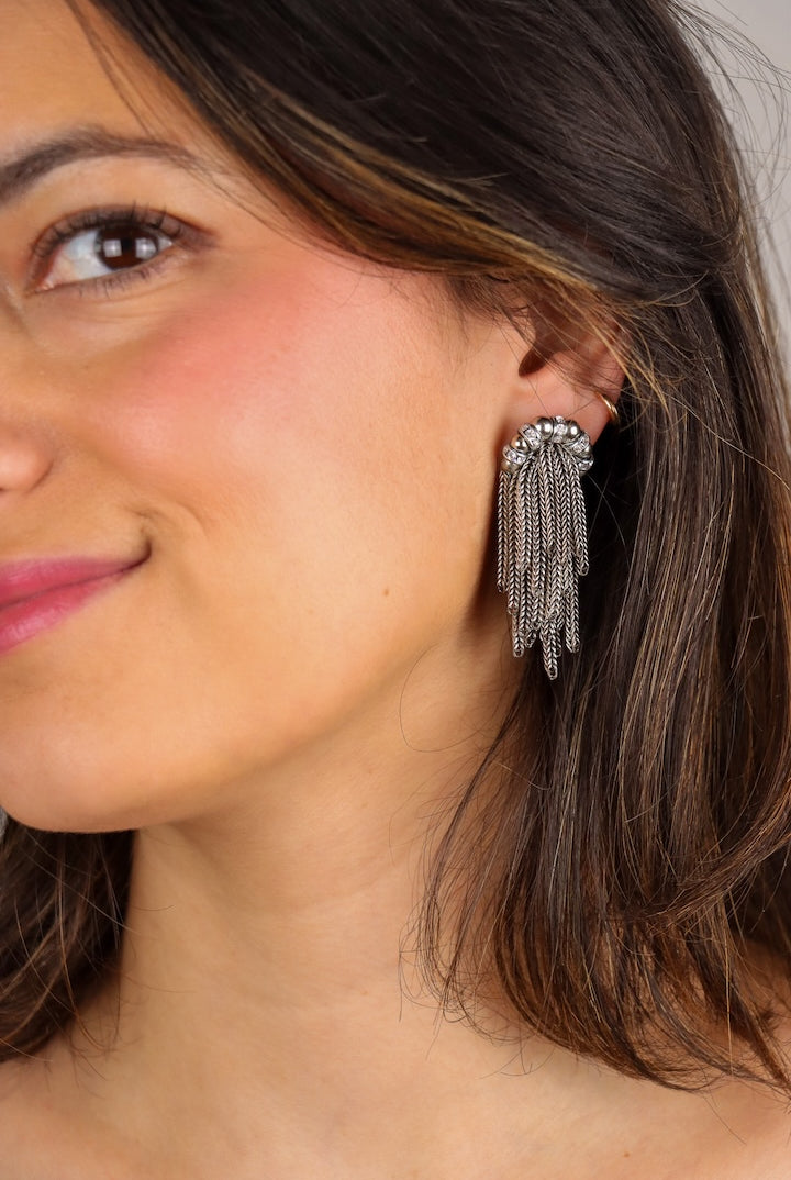 Détails paire de Boucles d'oreilles femme fermoir clip en chaînes et perles argent Made i france