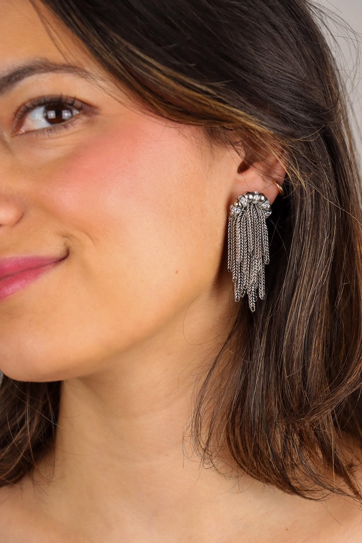 Détails paire de Boucles d'oreilles femme fermoir clip en chaînes et perles argent Made i france