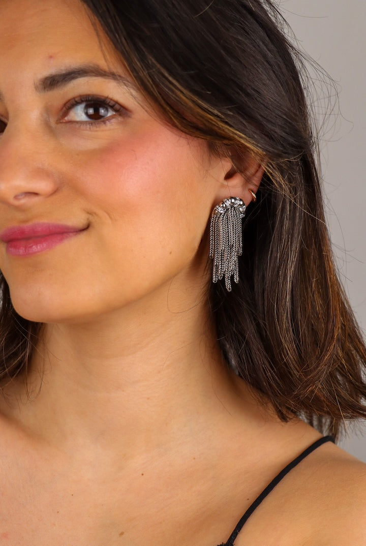 Boucles d'oreilles femme fermoir clip en chaînes et perles argent