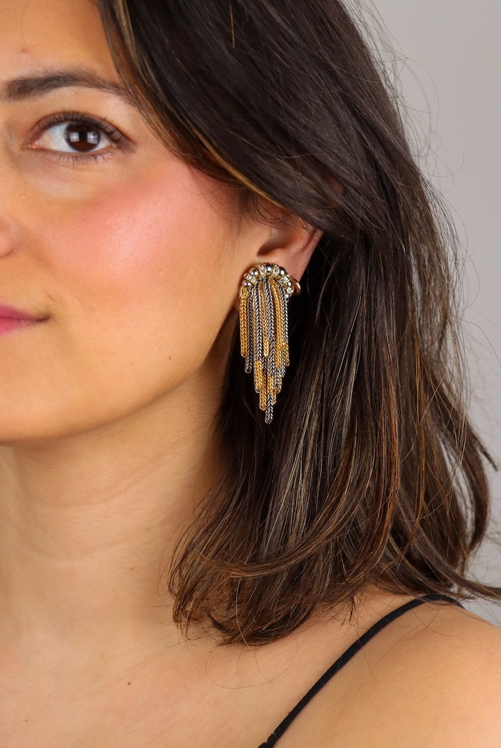 Boucles d'oreilles pendantes fermoir clip en chaînes et perles bicolore argentées et dorées Made in France