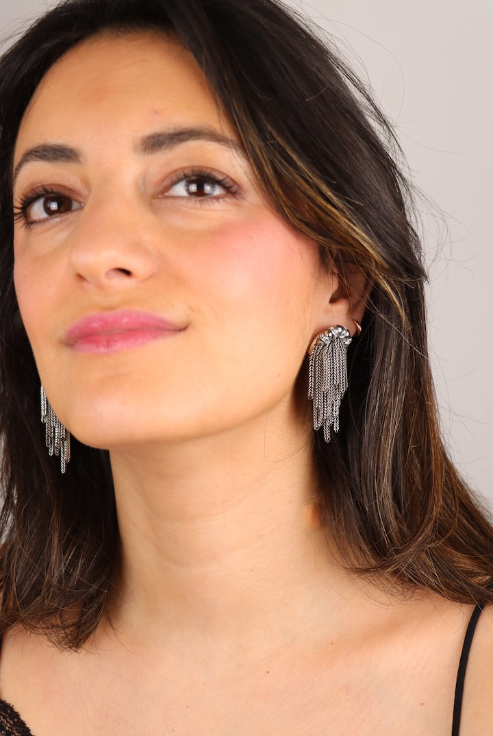 Boucles d'oreilles pendantes fermoir clip en chaînes et perles argentée