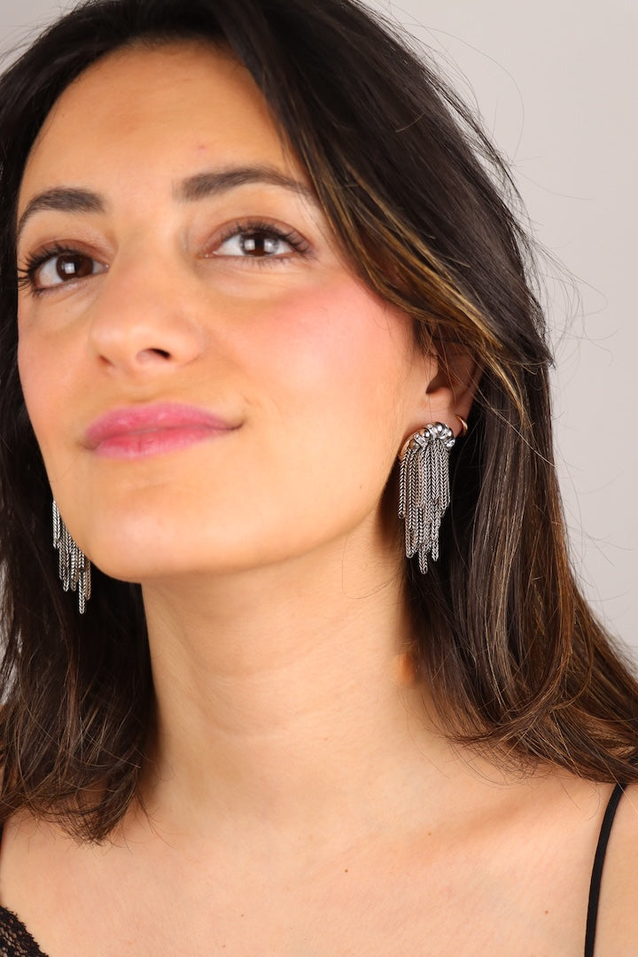 Boucles d'oreilles pendantes fermoir clip en chaînes et perles argentée