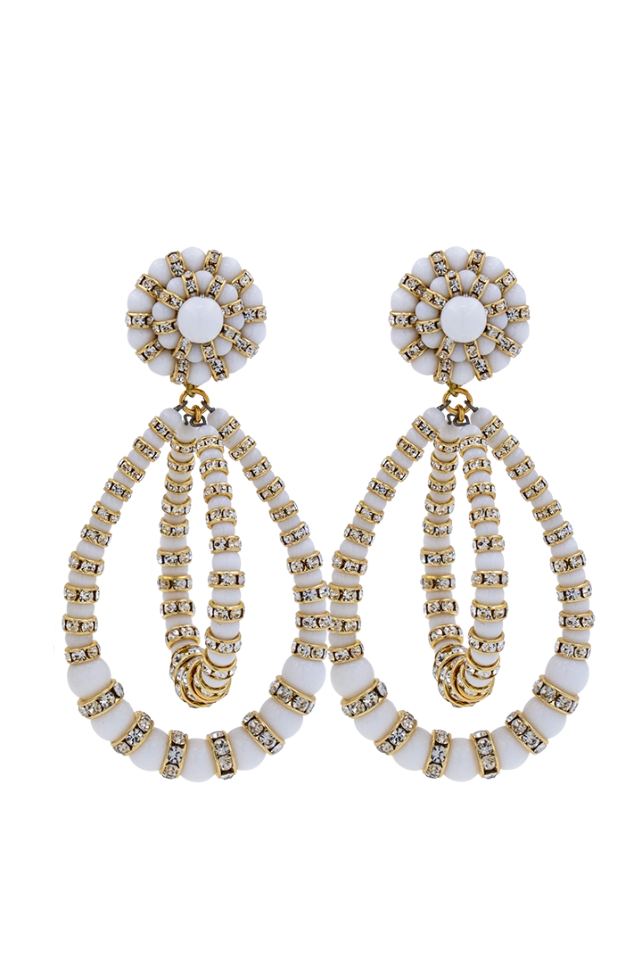 Boucles d'Oreilles XL blanc craies strass dorée cristal