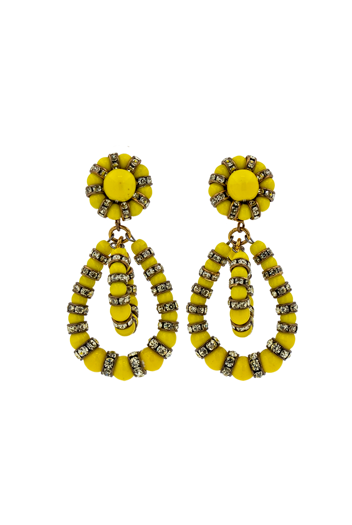 Boucles d'Oreilles fermoir clip perle jaune et strass jaune fait à la main en France Couture
