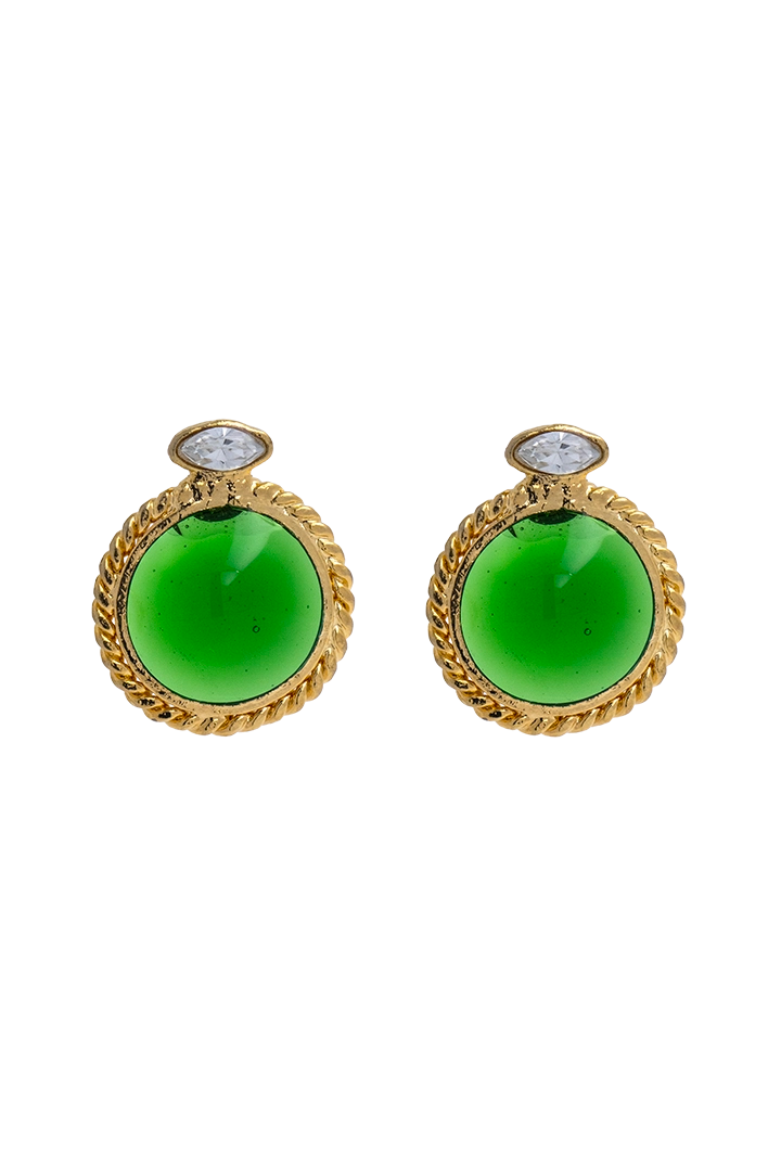 boucles d'oreillles percées ronde en pâte de verre couleur emeraude déatil dorée