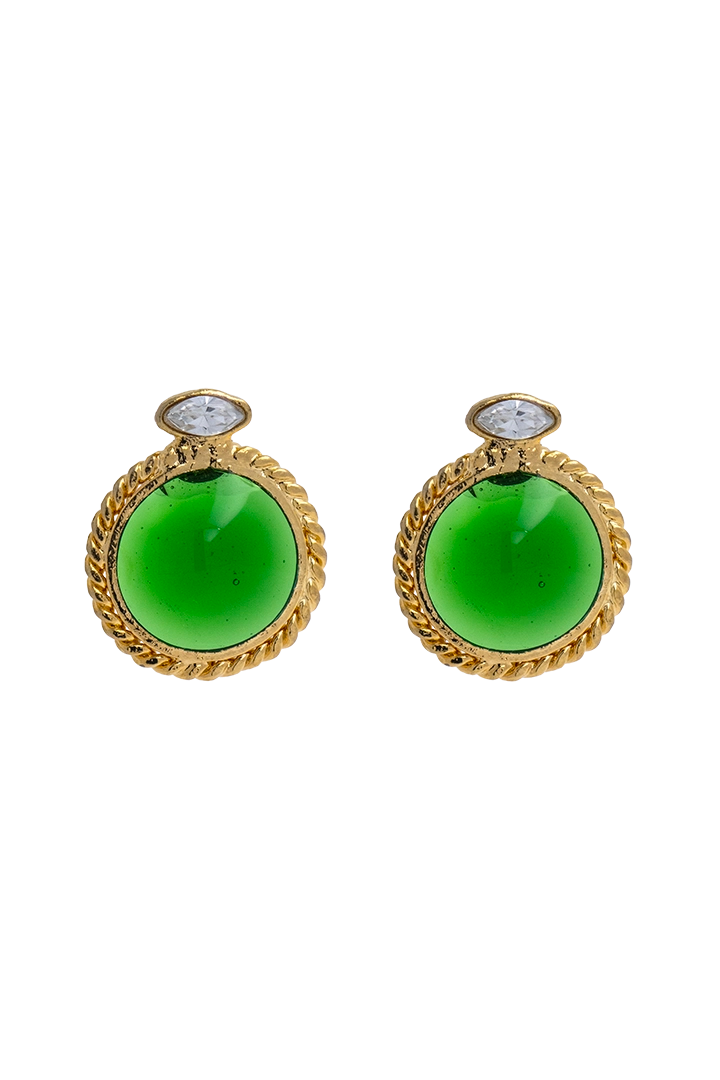 boucles d'oreillles percées ronde en pâte de verre couleur emeraude déatil dorée