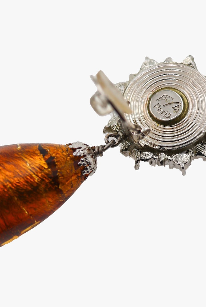 Paire de Boucles d'oreilles Pendantes fermoir clip argentée et perles de venise Topaze - Françoise Montague collection