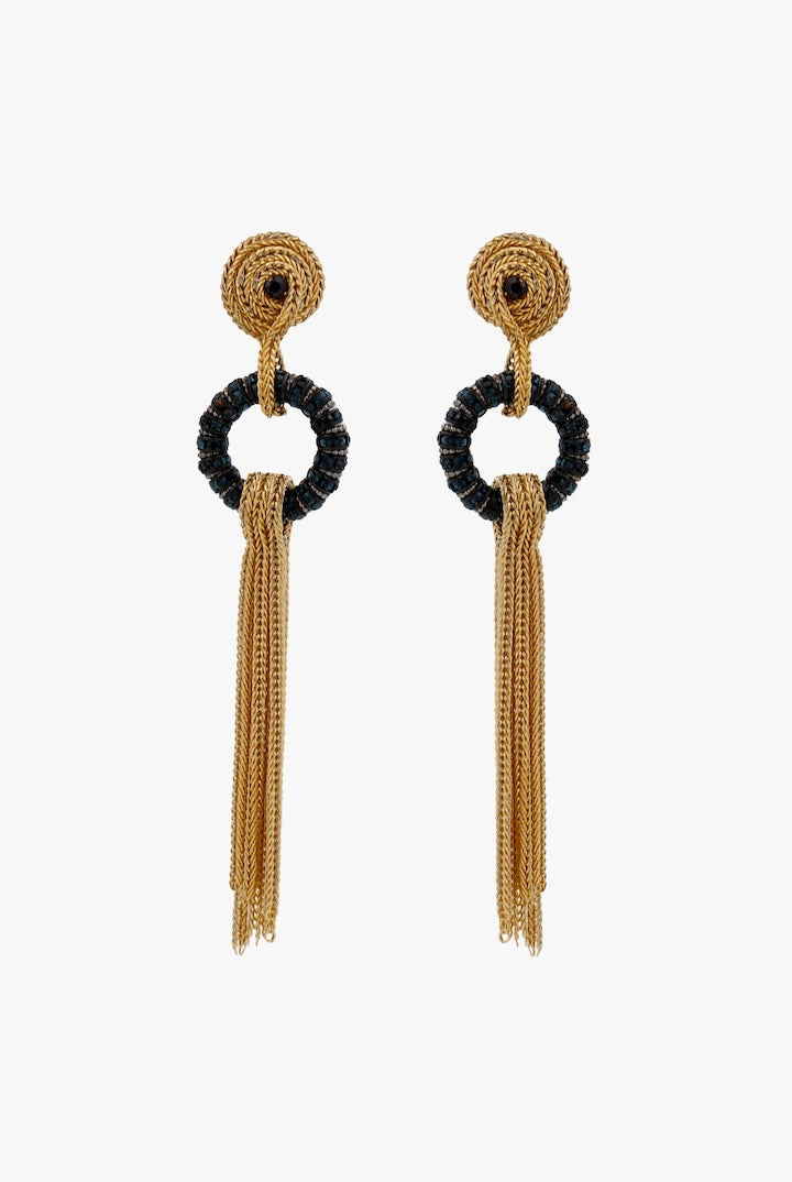 Boucles d'oreilles en chaîne doré et rondelle de strass bleu saphir fonce - bijou fait main en France