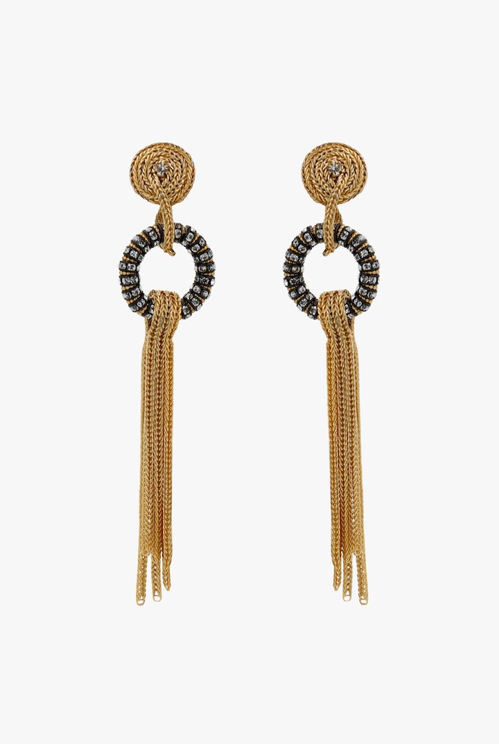 Boucles d'oreilles en chaîne doré et rondelle de strass noir cristal