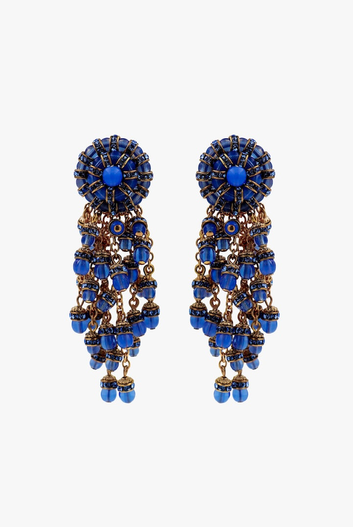 Boucles d'oreilles bleu calcédoine jean pendantes fermoir clip en perles et strass - Handmade