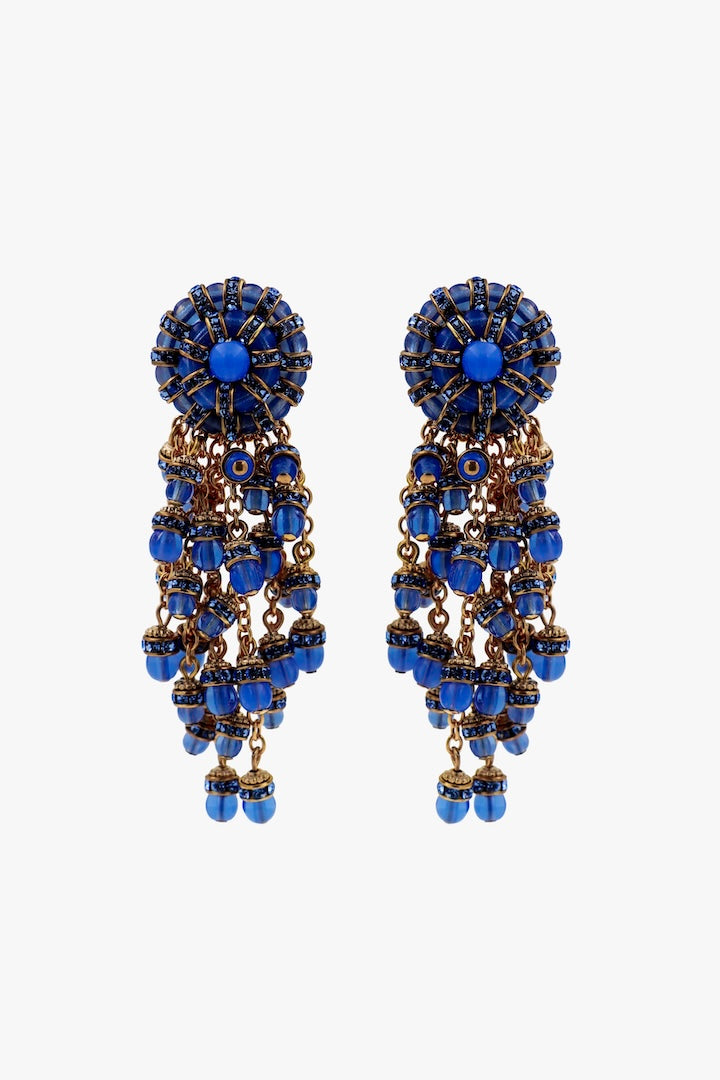 Boucles d'oreilles bleu calcédoine jean pendantes fermoir clip en perles et strass - Handmade